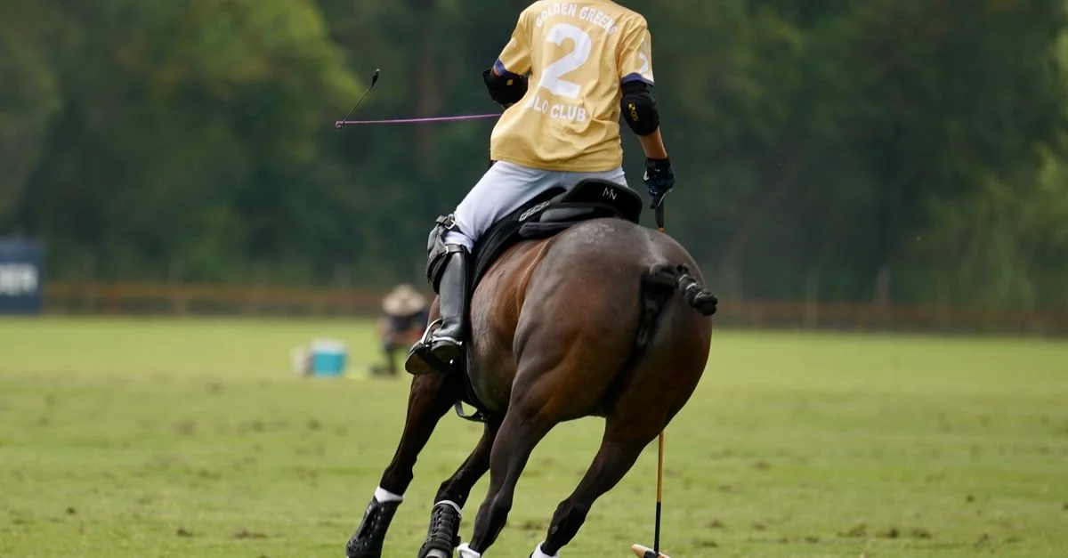 Vista trasera de un jugador de polo a caballo durante un partido, mostrando velocidad y agilidad.