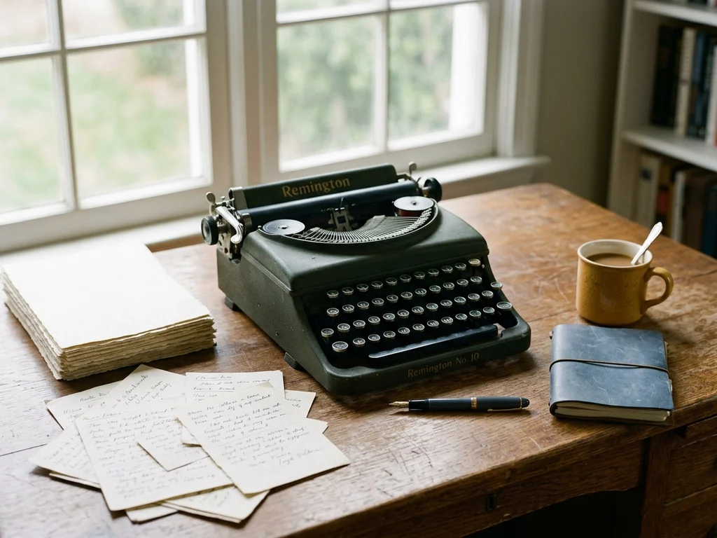 Escritorio editorial con máquina de escribir y notas manuscritas para gestionar consultas de contacto.