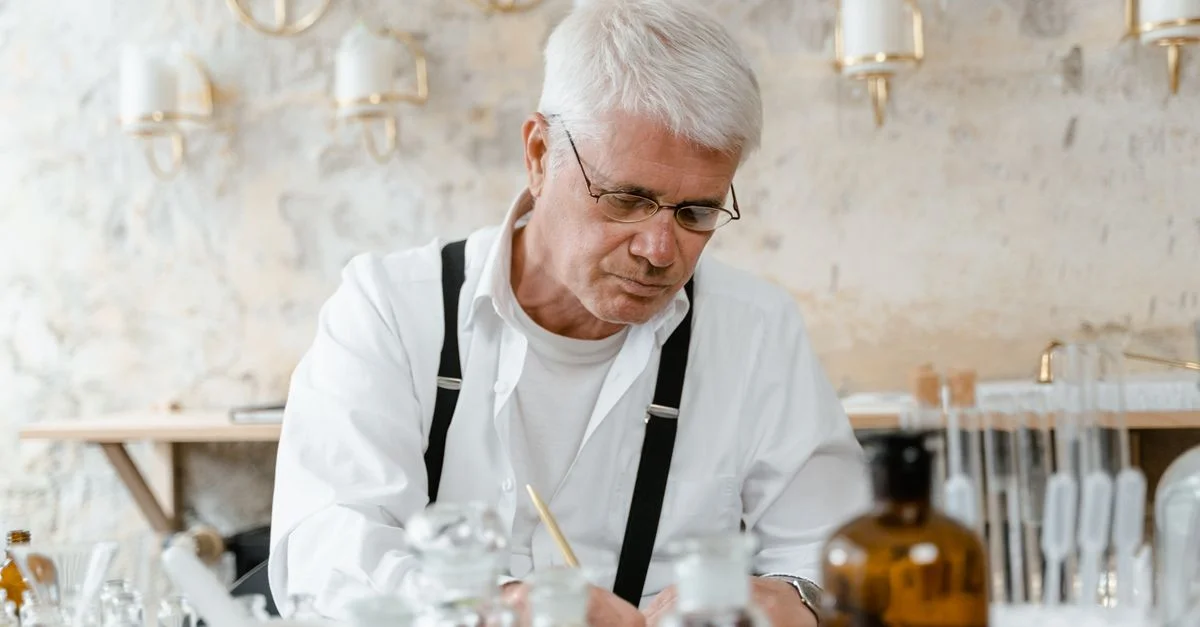 Hombre mayor creando mezclas aromáticas rodeado de frascos de vidrio y herramientas de fragancia.