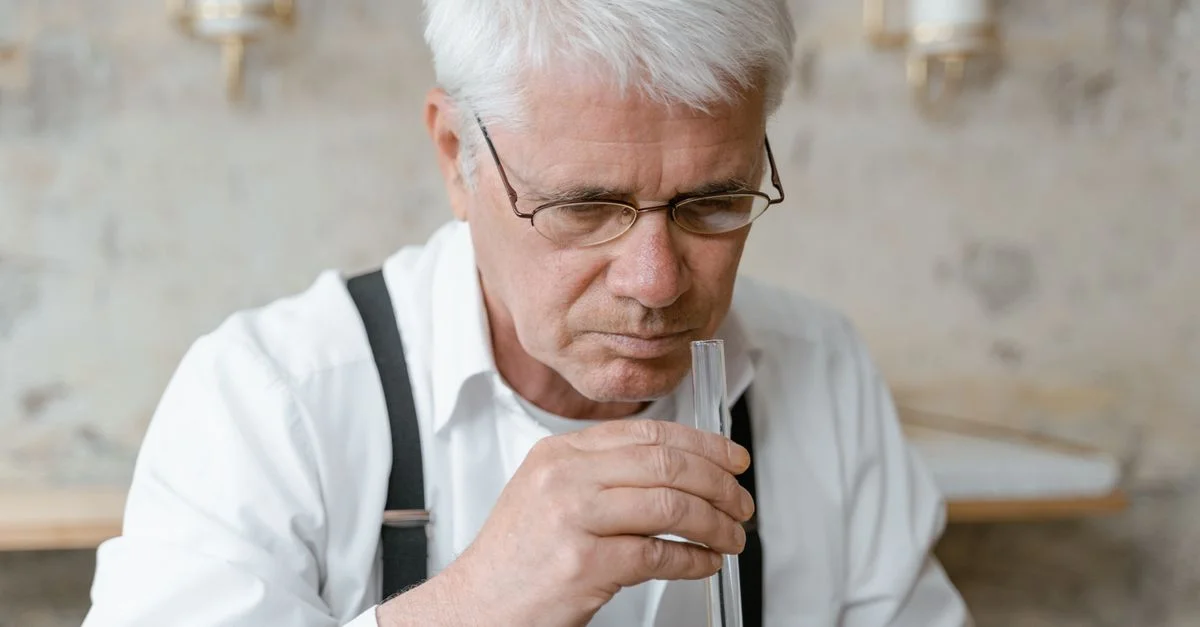Hombre anciano analizando el aroma de un tubo de ensayo, centrado en la fragancia.