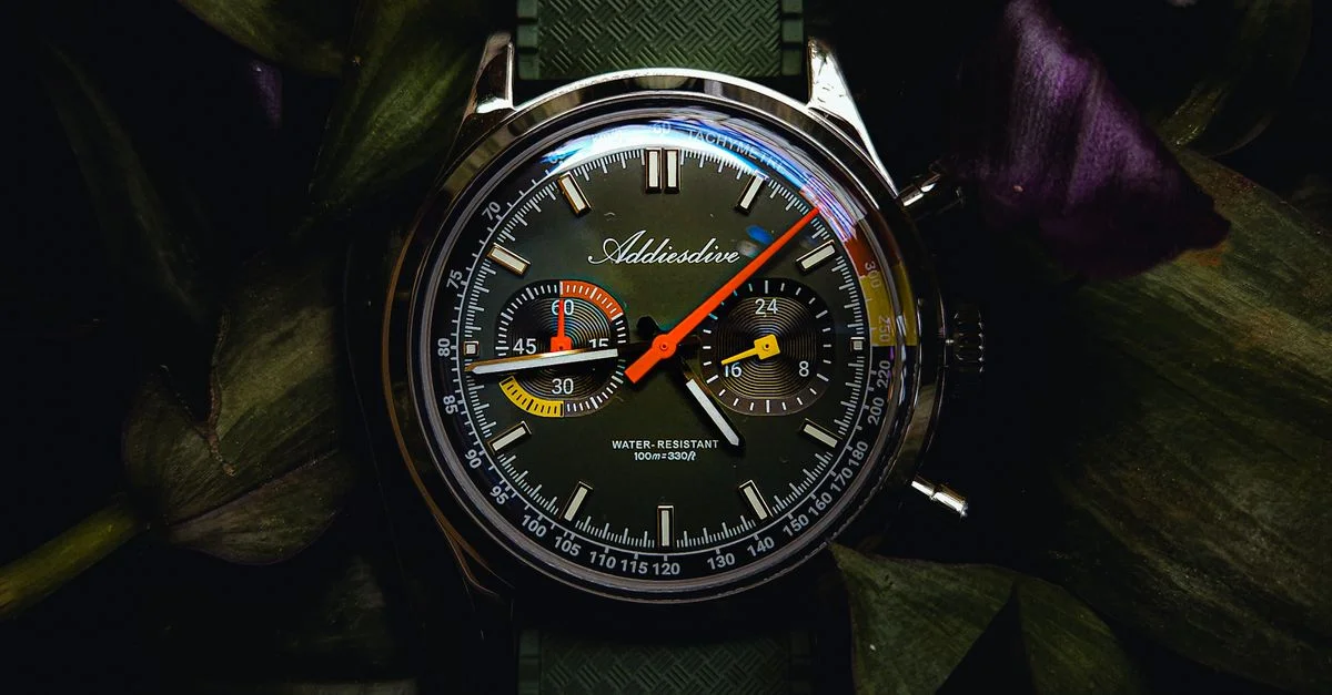 Un elegante reloj de buceo con correa verde y esfera de intrincado diseño, rodeado de follaje oscuro.
