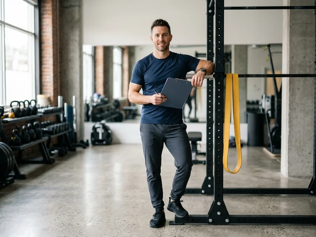 Retrato de Raphaël Bassot en un gimnasio moderno, especialista en fitness y salud de Hombre Moderno.