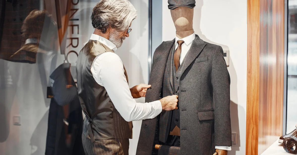 Hombre ajustando un traje a medida en un maniquí en una tienda de ropa formal, destacando la elegancia de la moda y la artesanía.